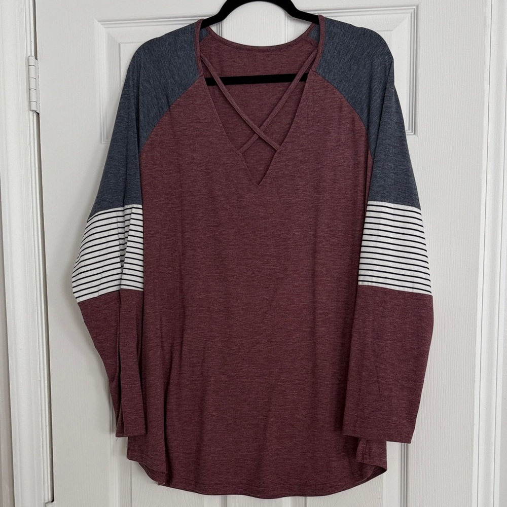 Women’s Color Block Burgundy and Blue Long Sleeve Top
